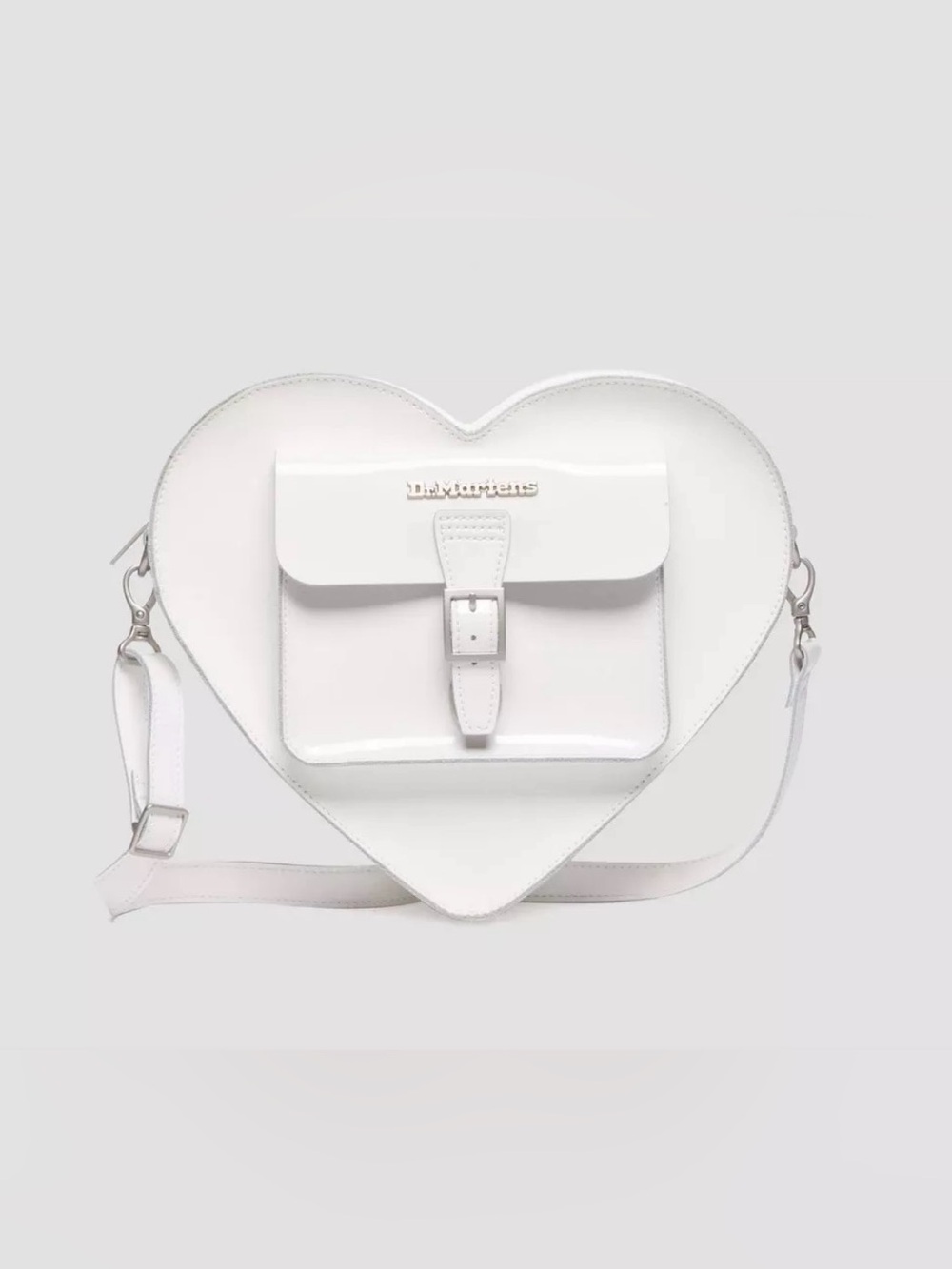 Dr. Martens Heart-Shaped White Shoulder Bag with Buckle Accent, Glossy Finish